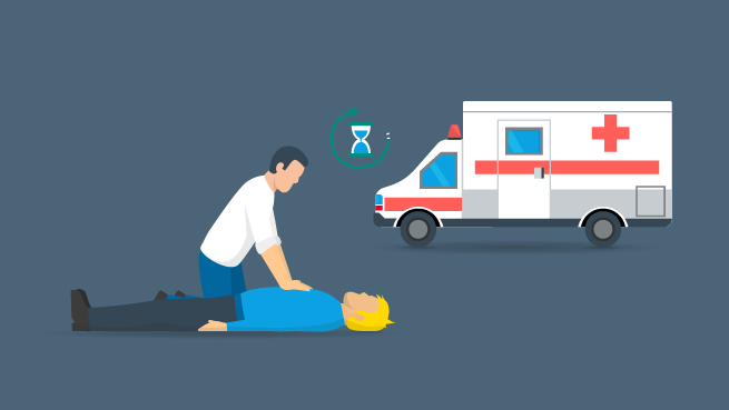 Illustration von einer Person, die Reanimiert und von einem eintreffenden Rettungswagen. 