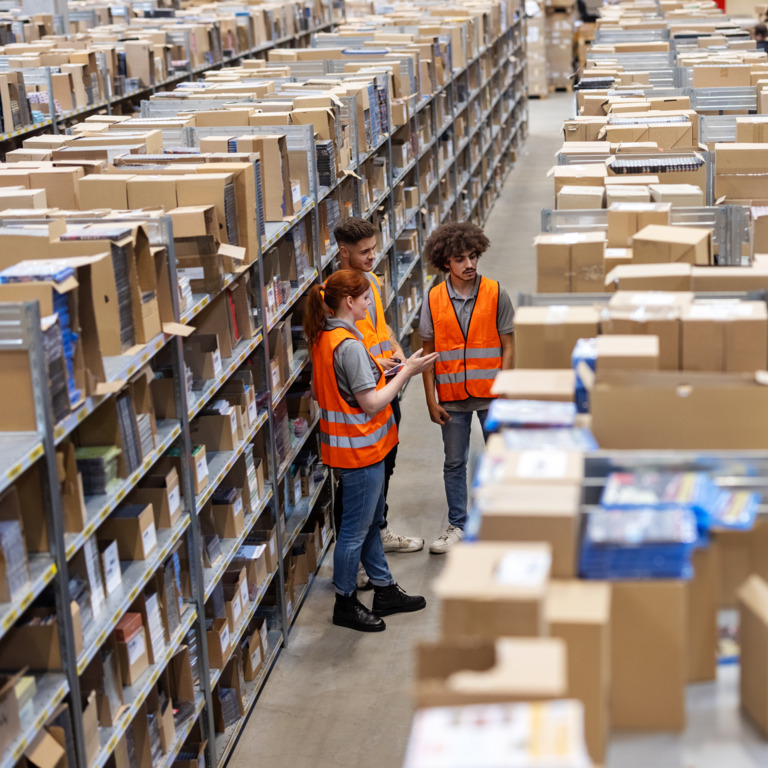 Drei Arbeiter in Paketlager