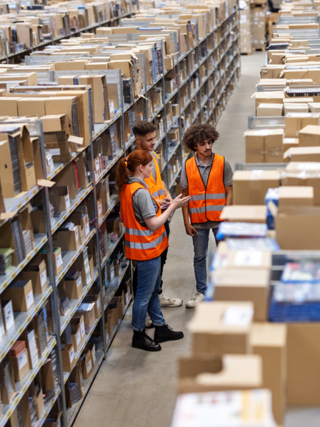 Drei Arbeiter in Paketlager