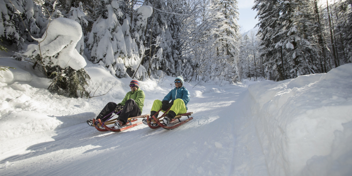 Zwei Personen rodeln die Bahn durch den verschneiten Wald hinunter