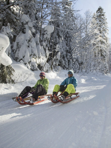 Zwei Personen auf Rodeln in verschneiter Winterlandschaft