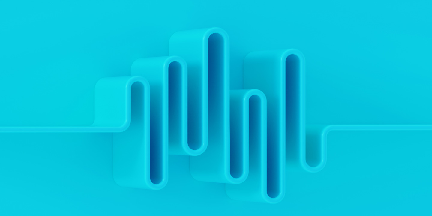 Ein blaues Visual mit einer dreidimensionalen Illustration einer Tonspur.