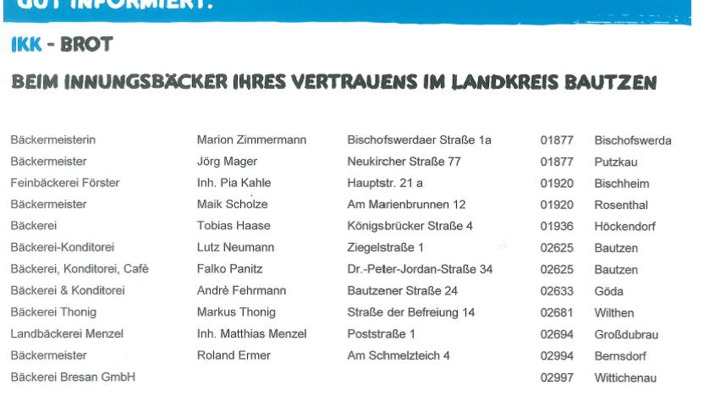 Übersicht der Bäcker im Kreis Bautzen, die an dem Projekt teilnehmen