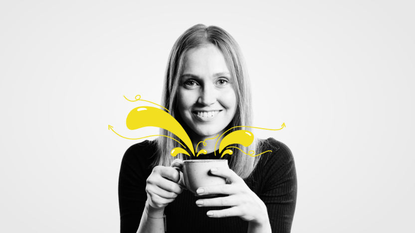 Viviane Hähne mit Kaffeetasse in der Hand mit illustrierten Tropfen.