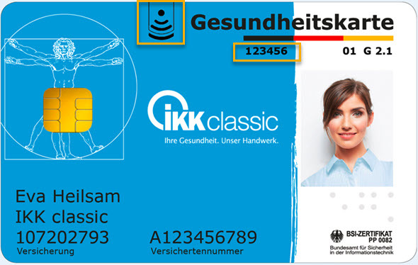 elektronische Gesundheitskarte, auf der der NFC-Hinweis und die Card Access Number markiert sind