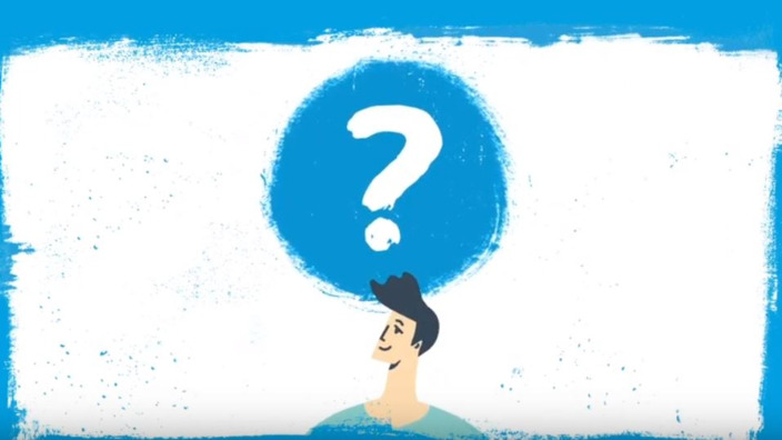 Startscreen des Erklärvideos zum Wechsel der Krankenkassenmitgliedschaft, im Comic-Stil gezeichneter Versicherter hat ein Fragezeichen über dem Kopf