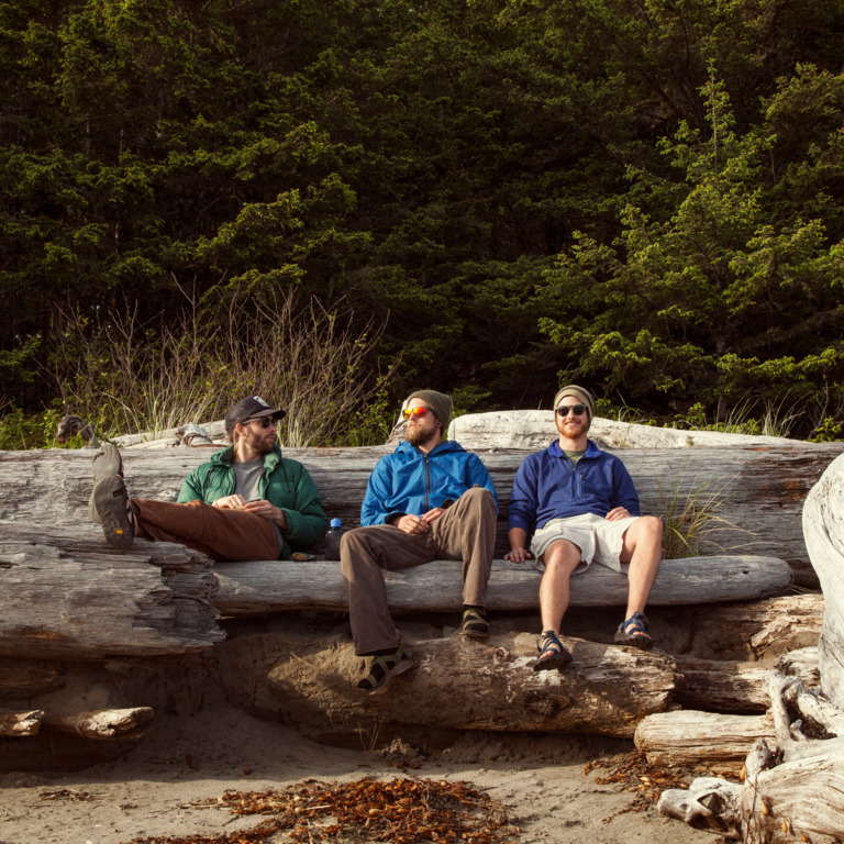 Drei Männer sitzen in Natur auf Baumstamm