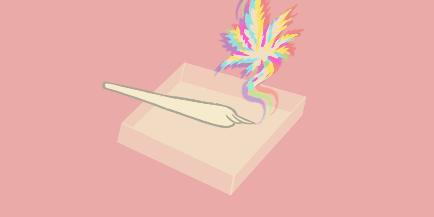 Zeichnung eines Joints, von dem ein bunter rauch ausströmt und bildet eine Form von Cannabis-Blatt