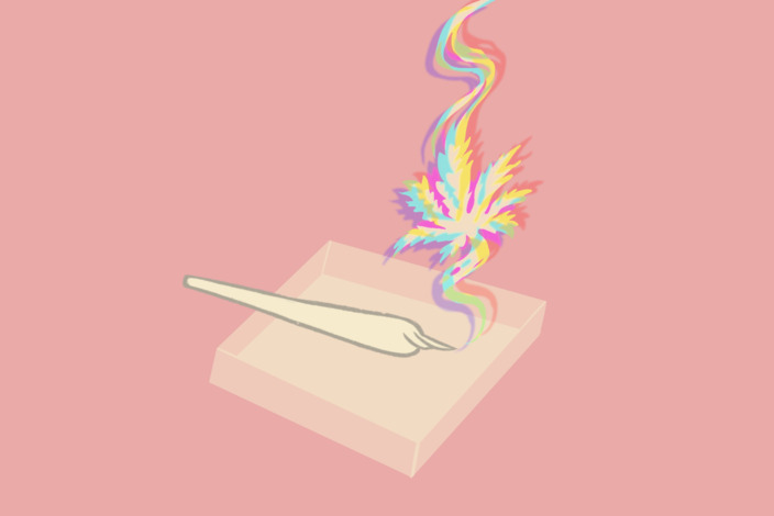 Zeichnung eines Joints, von dem bunter Rauch ausströmt, der die Form eines Cannabis-Blattes bildet 