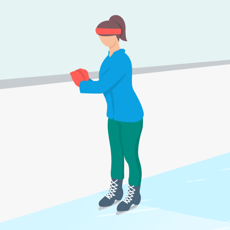 Illustration einer Person, die sich beim Eislaufen am Geländer festhält. 