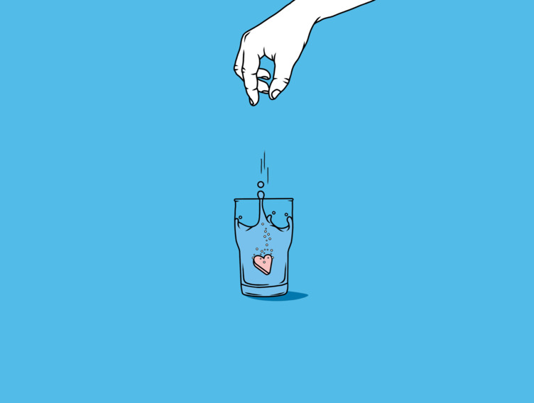 Illustration einer Hand, die ein Herz in ein Wasserglas fallen lässt