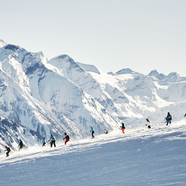 Gruppe Skifahrer vor einem Bergpanorama