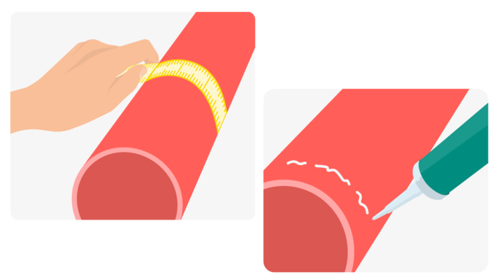 Illustration von Hand, die mit Maßband Rollenumfang misst und Kleber, der mit einer Tube auf die Rolle aufgetragen wird