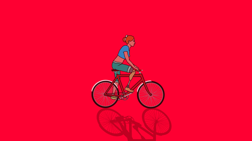 Illustration von Radfahrerin mit Prothese vor rotem Hintergrund