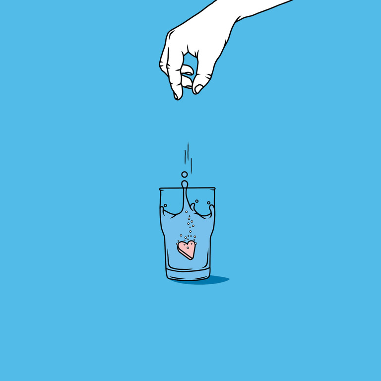 Illustration eines Wasserglas, in dem eine Brausetablette in Form eines Herzens geworden wird. 