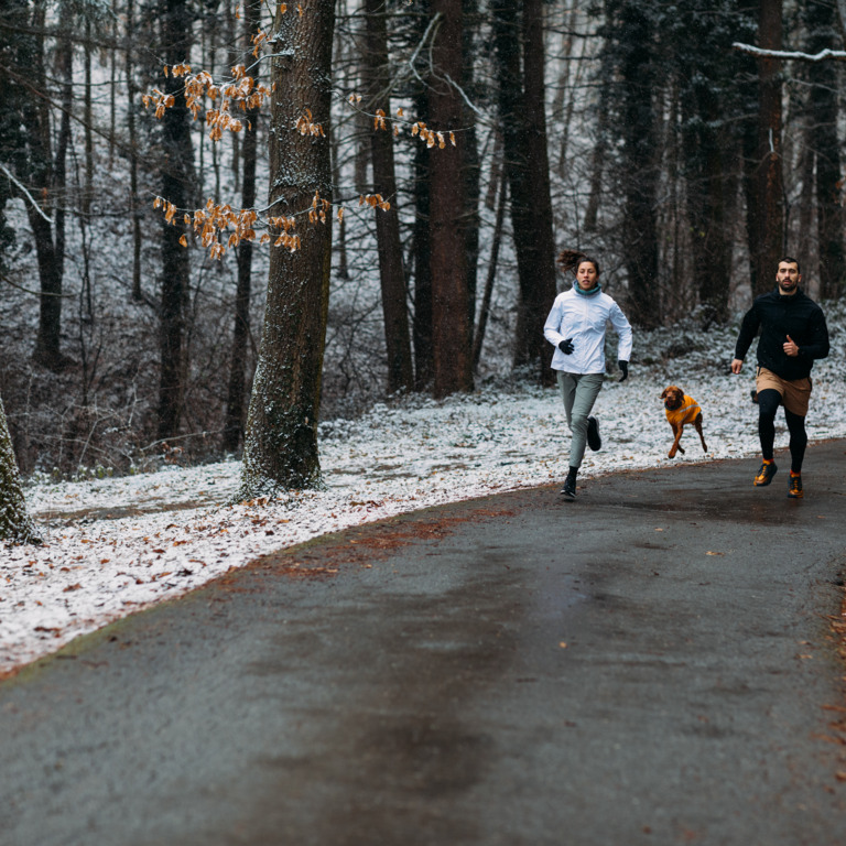 Zwei Jogger in winterlichem Wald mit Hund