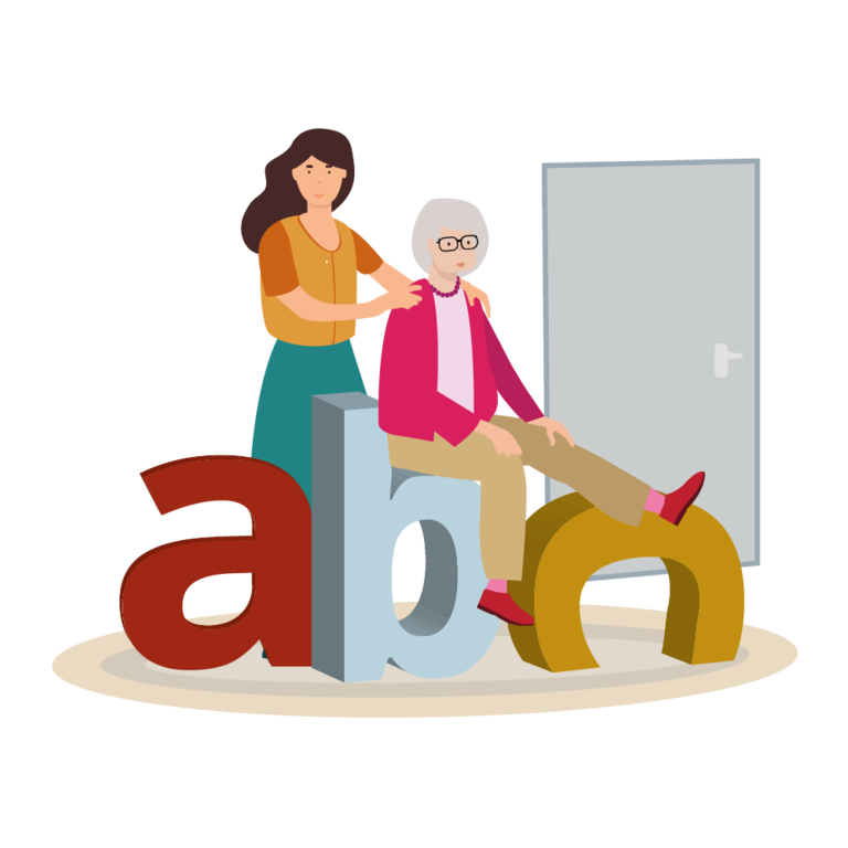 Illustration, auf der eine zu pflegende Person auf den Buchstaben a, b und c sitzt und eine Angehörige hinter ihr steht