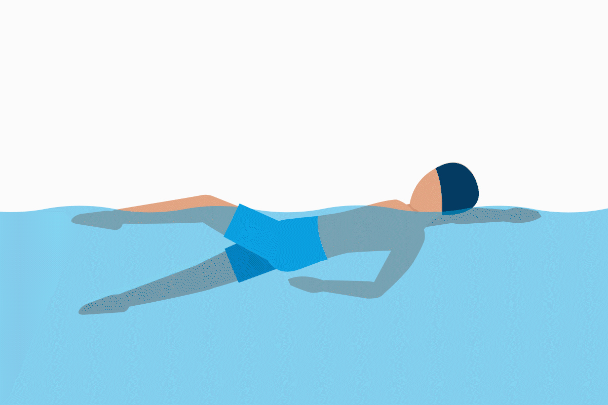 Animation mit Person im Badeanzug und mit Badekappe beim Rückenkraulen.