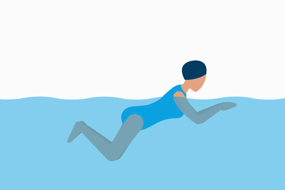 Animation mit Person im Badeanzug und mit Badekappe beim Brustschwimmen.
